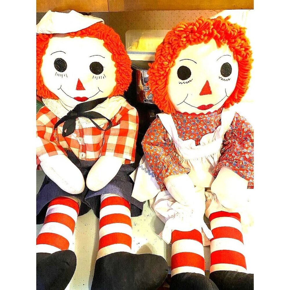 Vintage Raggedy Ann and Andy 35" Handmade Dolls with "I Love You" Hearts